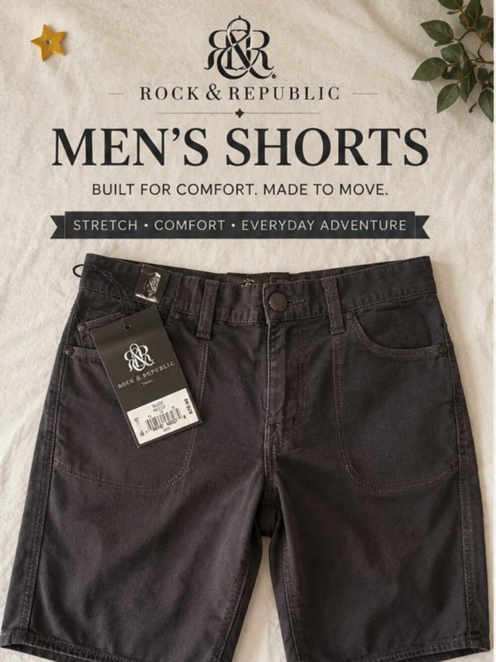 Rock & Republic Men’s Charcoal Gray Stretch Shorts Size 34 NWT Casual Performanc